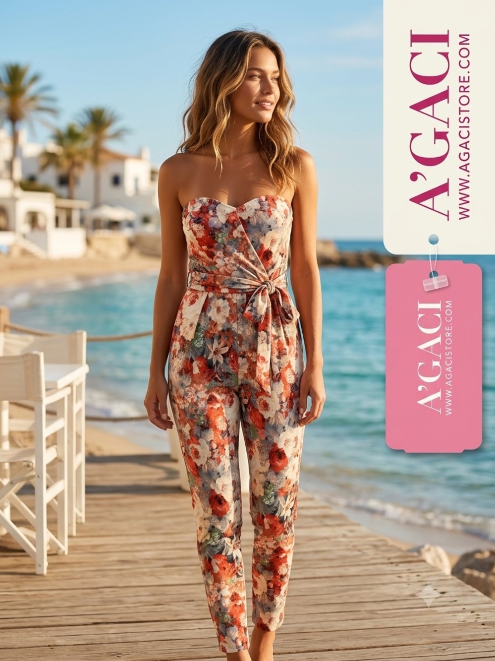 a'gaci Strapless Floral Tie-Waist Jumpsuit in Red, Cream, Green